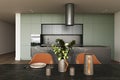 Kitchen in new luxury home with black marble island and hardwood floors. Dark green cabinets. Dining area with large Royalty Free Stock Photo