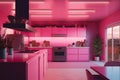 Kitchen in new luxury home. Modern doll house. Pink plastic furniture. Generative Ai Royalty Free Stock Photo