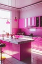 Kitchen in new luxury home. Modern doll house. Pink plastic furniture. Generative Ai Royalty Free Stock Photo