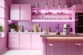 Kitchen in new luxury home. Modern doll house. Pink plastic furniture. Generative Ai Royalty Free Stock Photo