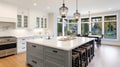 Kitchen in new luxury home with quartz waterfall island, hardwood floors, dark wood cabinets, and stainless steel Royalty Free Stock Photo