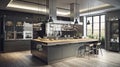 Kitchen in new luxury home with quartz waterfall island, hardwood floors, dark wood cabinets, and stainless steel Royalty Free Stock Photo