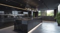 Kitchen in new luxury home with quartz waterfall island, hardwood floors, dark wood cabinets, and stainless steel Royalty Free Stock Photo