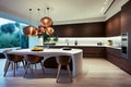 Kitchen in new luxury home with quartz waterfall island, hardwood floors. Royalty Free Stock Photo