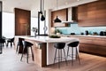 Kitchen in new luxury home with quartz waterfall island, hardwood floors.