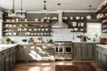 A Kitchen With Open Shelving Showcasing Farmhouse-style Dinnerware And Kitchen Accessories, 3rd Render