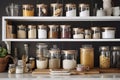 a kitchen with an organized and stylish pantry, featuring glass jars and metal containers