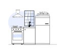 Kitchen outline interior design. Simple contour illustration of home small kitchen with furniture and equipment.