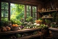 A kitchen overflowing with an assortment of vibrant, freshly harvested vegetables., A rustic kitchen filled with organic foods and