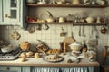 A Kitchen Overflowing With Dishes and Pans, A whimsical, antique kitchen scene with baking utensils and pastries, AI Generated