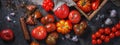 Kitchen panorama, banner - colorful ripe organic heirloom varieties tomatoes with knife and wooden box on a dark table background. Royalty Free Stock Photo