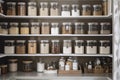 kitchen pantry with labeled jars, boxes, and containers for easy access