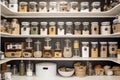 kitchen pantry with labeled jars, boxes, and containers for easy access