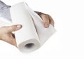 Kitchen paper towel with hand on the white background Royalty Free Stock Photo