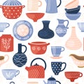 Kitchen pattern. Decorative textile design pictures with cookware tools vase jug fork spoons dishes recent vector