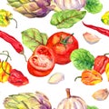 Kitchen pattern with vegetables - tomatoes, peppers, chilly, garlic. Seamless cooking background. Watercolor