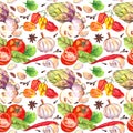 Kitchen pattern with vegetables - tomatoes, peppers, chilly, garlic. Seamless cooking background. Watercolor