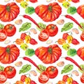 Kitchen pattern with vegetables - tomatoes, peppers, chilly, garlic. Seamless cooking background. Watercolor