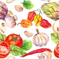 Kitchen pattern with vegetables - tomatoes, peppers, chilly, garlic. Seamless cooking background. Watercolor