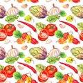 Kitchen pattern with vegetables - tomatoes, peppers, chilly, garlic. Seamless cooking background. Watercolor