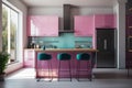 A kitchen with pink cabinets and blue stools. AI generative image.