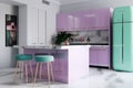 A kitchen with a pink refrigerator and blue stools. Generative AI image.