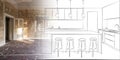 Kitchen plan illustration and room berfore renovation concept drawing Royalty Free Stock Photo