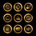 Kitchen plates and cutlery golden silhouette icons. Restaurant vector symbols isolated
