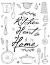 Kitchen poster with hand drawn kitchenware, spice and lettering on a white background. Royalty Free Stock Photo