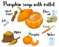 kitchen poster with a recipe for cooking pumpkin soup with millet. Vector