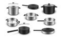 Kitchen pots and pans aluminum stainless domestic food cooking set realistic vector illustration
