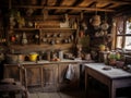 A kitchen with pots and pans from the ceiling. Authentic interior of a wooden house