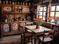 A kitchen with pots and pans from the ceiling. Authentic interior of a wooden house