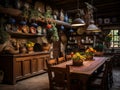 A kitchen with pots and pans from the ceiling. Authentic interior of a wooden house