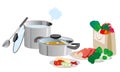 Kitchen pots and pans and food