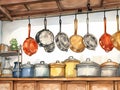 Kitchen With Pots And Pans From A Rack Royalty Free Stock Photo