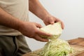 Kitchen preparation of cabbage, hands at work on a chopping board. Royalty Free Stock Photo