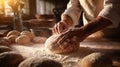 pastry flour dough food knead kitchen chef hands cook baker. Generative AI.