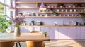 a kitchen with purple walls and a wooden table Minimalist interior Kitchen with Lavender color theme