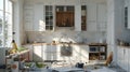 Kitchen renovation with new white cabinets and countertops being installed. Tools scattered in the room capture the Royalty Free Stock Photo