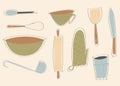 Kitchen restaurant tableware table set graphic sketch illustration knife, glass, soup ladle, mug, pot holder, rolling