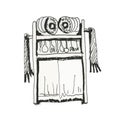 Kitchen robot in the form of a cabinet, vintage character. Ink drawing.