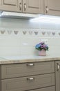 Kitchen room interior closeup, white induction hob, wooden cupboards and white tiles