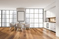 Kitchen room interior with white empty poster, table and armchairs