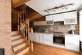 The kitchen room in a rustic log cabin, in the mountains. with a beautiful interior. house of pine logs Royalty Free Stock Photo