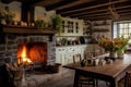 Kitchen in a rustic style with fireplace and wooden furniture, A cozy country kitchen with a warm, inviting fireplace, AI Royalty Free Stock Photo