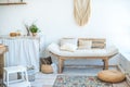 Kitchen in rustic style in summer. Spring light textured kitchen with an old fridge, wooden table. Beautiful eco-friendly wooden s Royalty Free Stock Photo