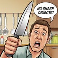 Kitchen Safety Warning Man Holds Sharp Knife, No Sharp Objects! Royalty Free Stock Photo