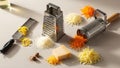 A kitchen scene features three types of graters and various grated ingredients Royalty Free Stock Photo