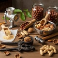 Kitchen scene featuring a variety of nuts and related tools on a Royalty Free Stock Photo